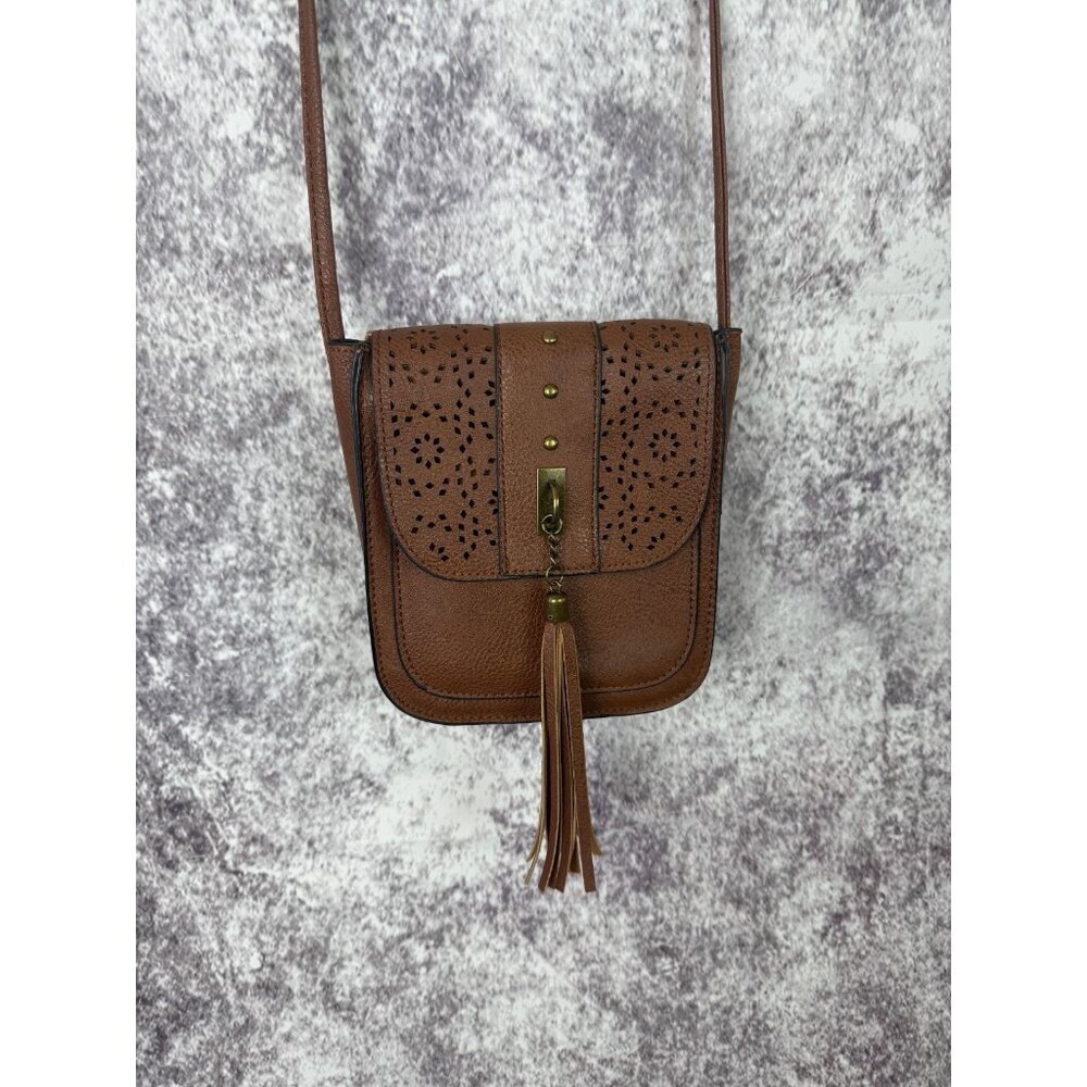 Boho Faux‎ Leather Purse Women S Brown laser cut Crossbody Shoulder Bag Tassel